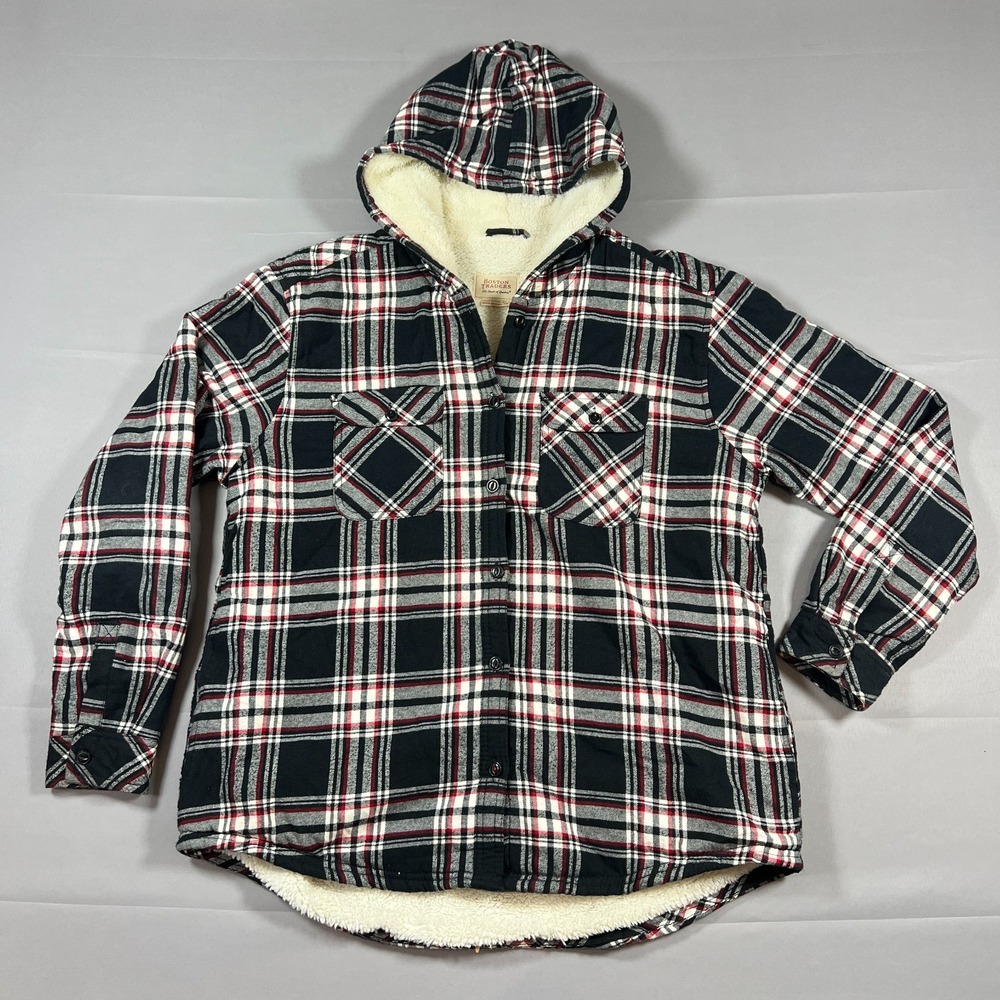 Boston Traders Flannel Jacket Men XL Black Red Plaid Sherpa Lined Hooded Classic